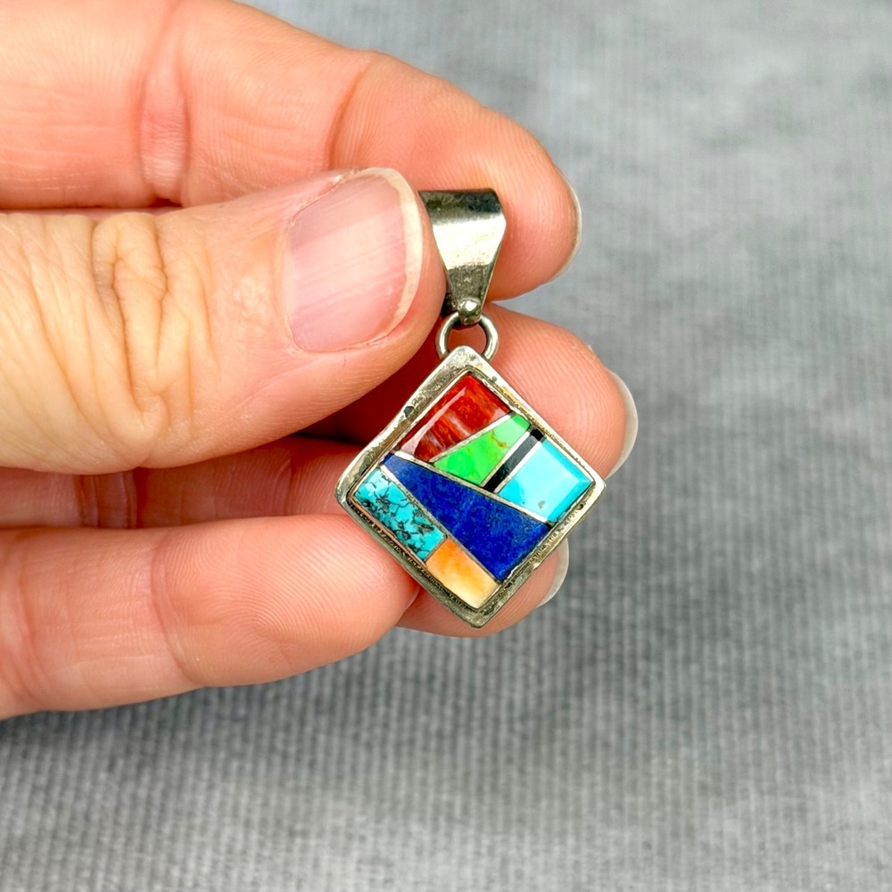 Sterling Silver Multi Stone Inlay Diamond Shaped Pendant Turquoise Lapis Signed